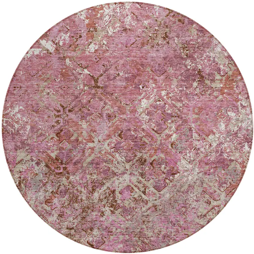 8' Pink Blush And Mauve Round Geometric Washable Indoor Outdoor Area Rug Photo 1