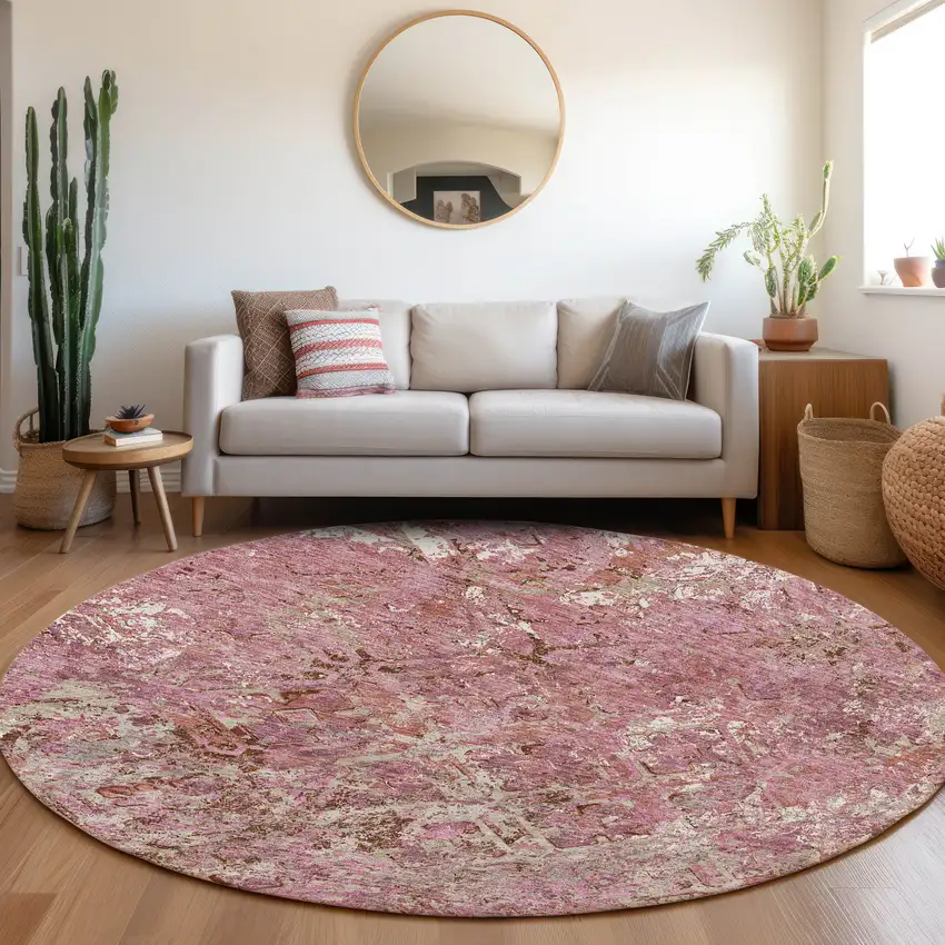 8' Pink Blush And Mauve Round Geometric Washable Indoor Outdoor Area Rug Photo 7