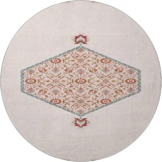 8' Pink Burgundy And Gray Oriental Washable Round Rug With UV Protection Photo 2