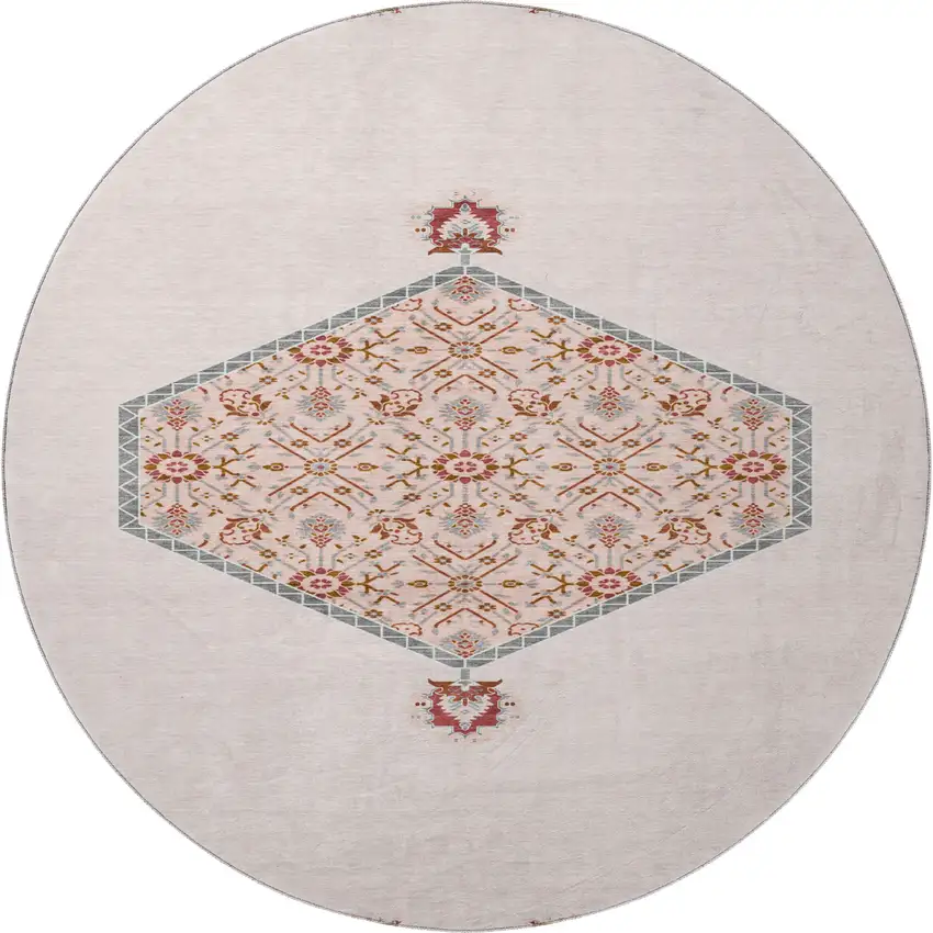 8' Pink Burgundy And Gray Oriental Washable Round Rug With UV Protection Photo 2