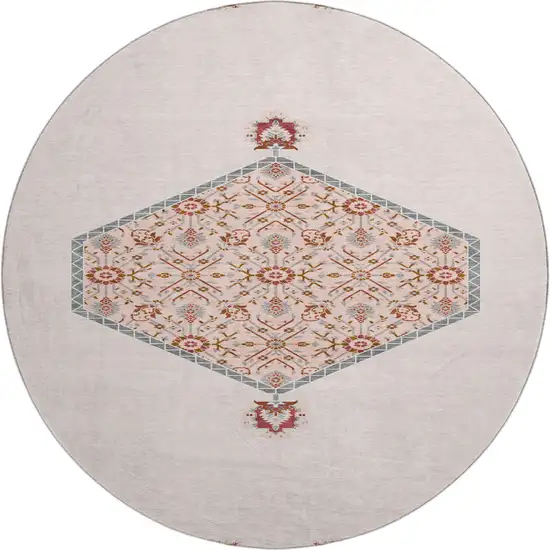 8' Pink Burgundy And Gray Oriental Washable Round Rug With UV Protection Photo 1