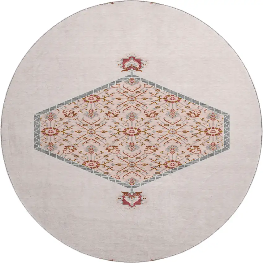 8' Pink Burgundy And Gray Oriental Washable Round Rug With UV Protection Photo 1