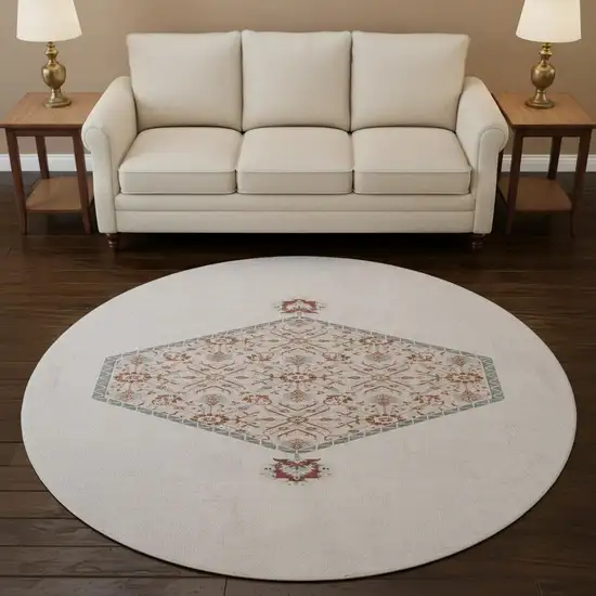 8' Pink Burgundy And Gray Oriental Washable Round Rug With UV Protection Photo 2