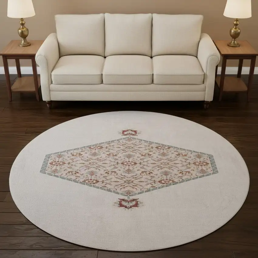 8' Pink Burgundy And Gray Oriental Washable Round Rug With UV Protection Photo 2