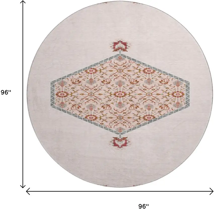 8' Pink Burgundy And Gray Oriental Washable Round Rug With UV Protection Photo 8