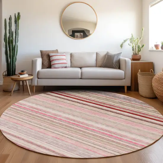 8' Pink Burgundy And Ivory Striped Washable Round Rug With UV Protection Photo 4