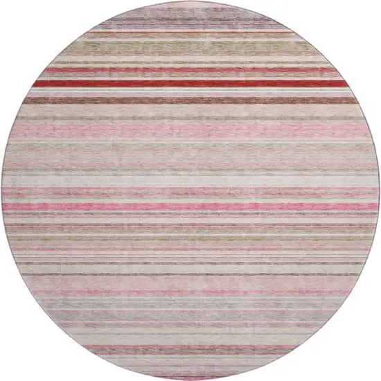 8' Pink Burgundy And Ivory Striped Washable Round Rug With UV Protection Photo 1