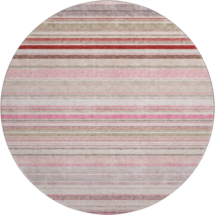 8' Pink Burgundy And Ivory Striped Washable Round Rug With UV Protection Photo 1
