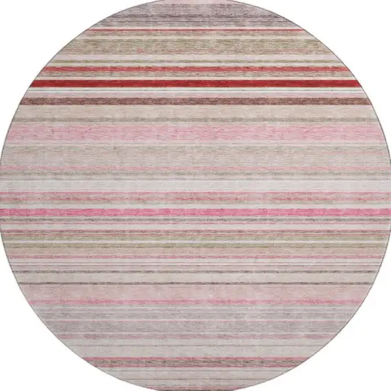 8' Pink Burgundy And Ivory Striped Washable Round Rug With UV Protection Photo 3