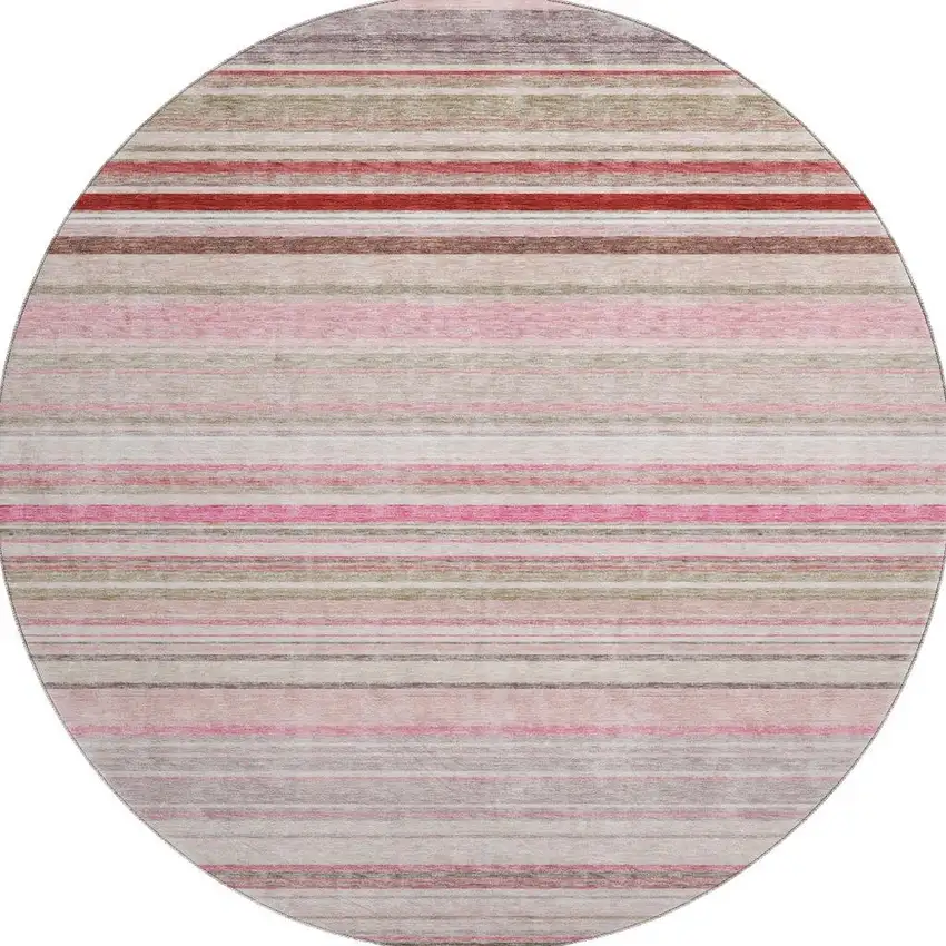 8' Pink Burgundy And Ivory Striped Washable Round Rug With UV Protection Photo 3