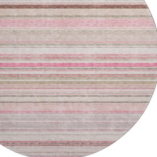 8' Pink Burgundy And Ivory Striped Washable Round Rug With UV Protection Photo 2