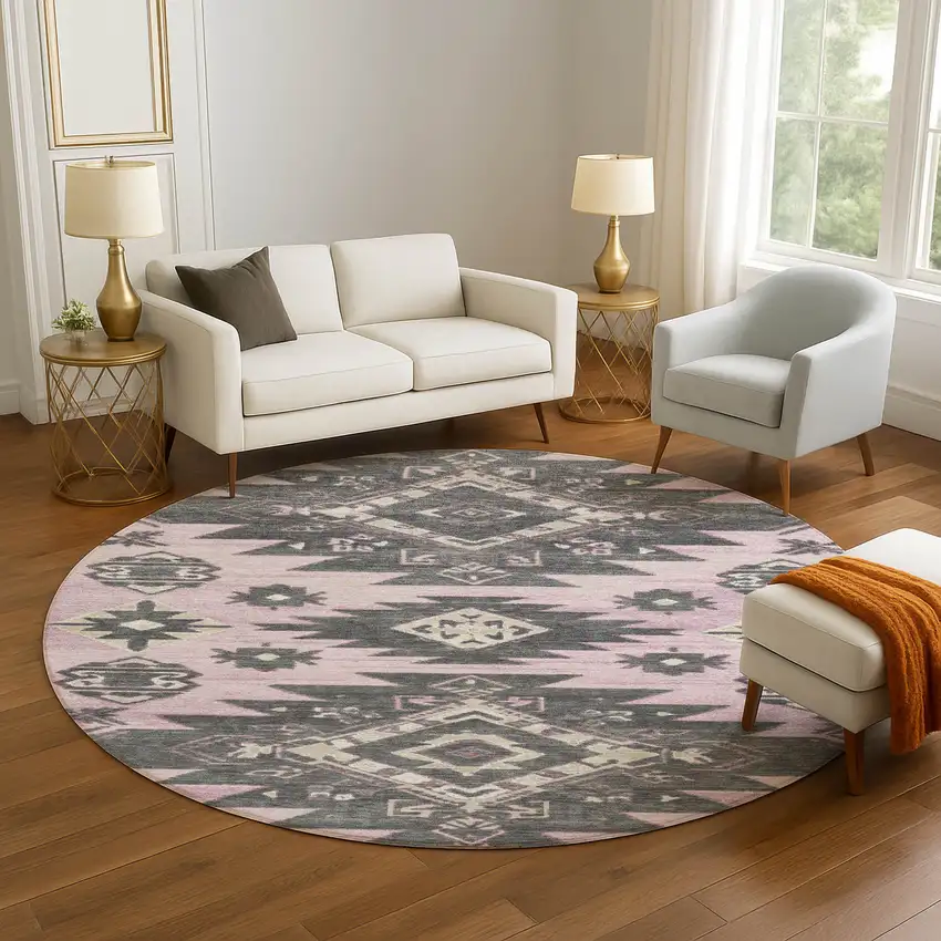 8' Pink Charcoal And Gray Tribal Washable Round Rug With UV Protection Photo 5