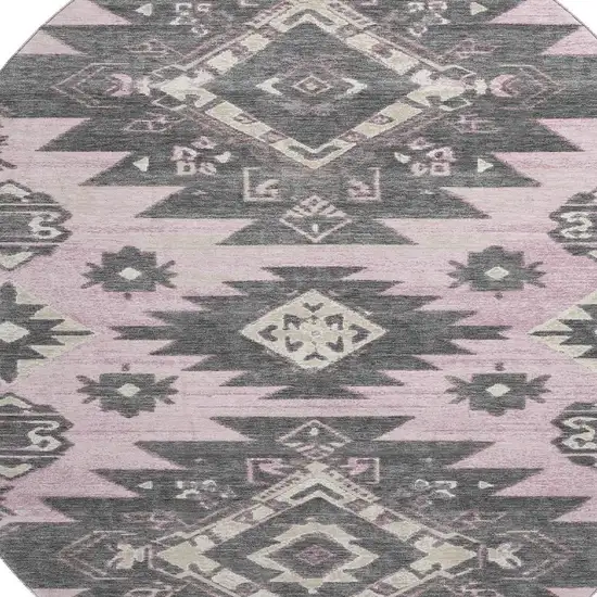 8' Pink Charcoal And Gray Tribal Washable Round Rug With UV Protection Photo 3