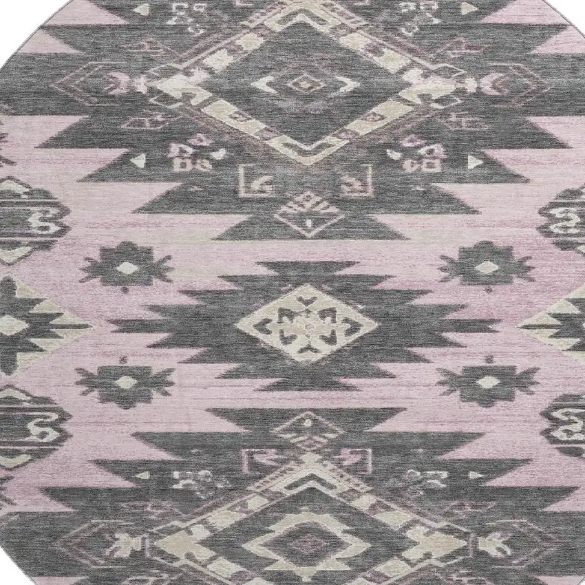 8' Pink Charcoal And Gray Tribal Washable Round Rug With UV Protection Photo 3