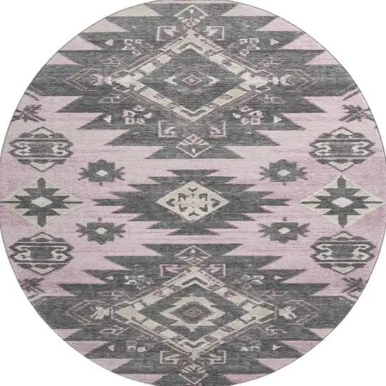 8' Pink Charcoal And Gray Tribal Washable Round Rug With UV Protection Photo 4