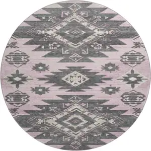 Photo of 8' Pink Charcoal And Gray Tribal Washable Round Rug With UV Protection