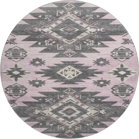 8' Pink Charcoal And Gray Tribal Washable Round Rug With UV Protection Photo 1