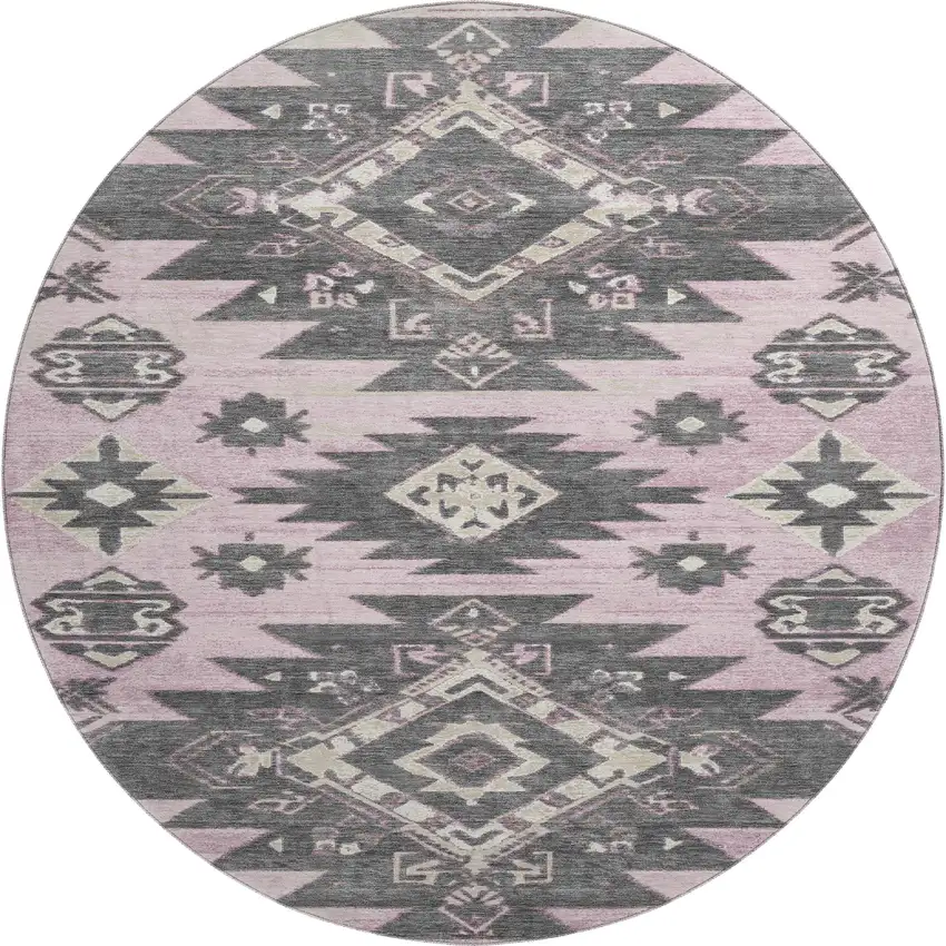 8' Pink Charcoal And Gray Tribal Washable Round Rug With UV Protection Photo 1