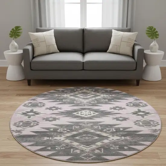8' Pink Charcoal And Gray Tribal Washable Round Rug With UV Protection Photo 2