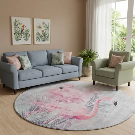 8' Pink Charcoal And Ivory Geometric Washable Round Rug With UV Protection Photo 1