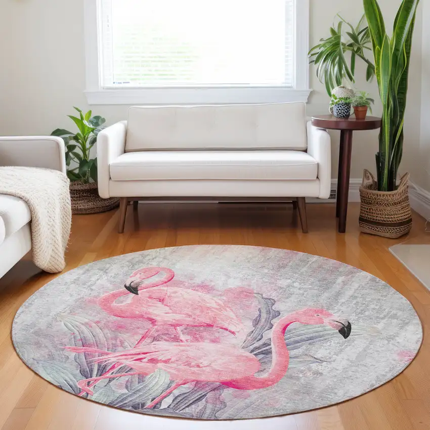 8' Pink Charcoal And Ivory Geometric Washable Round Rug With UV Protection Photo 5