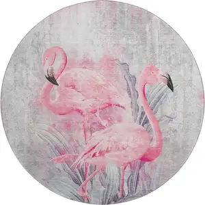 Photo of 8' Pink Charcoal And Ivory Geometric Washable Round Rug With UV Protection