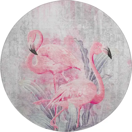 8' Pink Charcoal And Ivory Geometric Washable Round Rug With UV Protection Photo 1