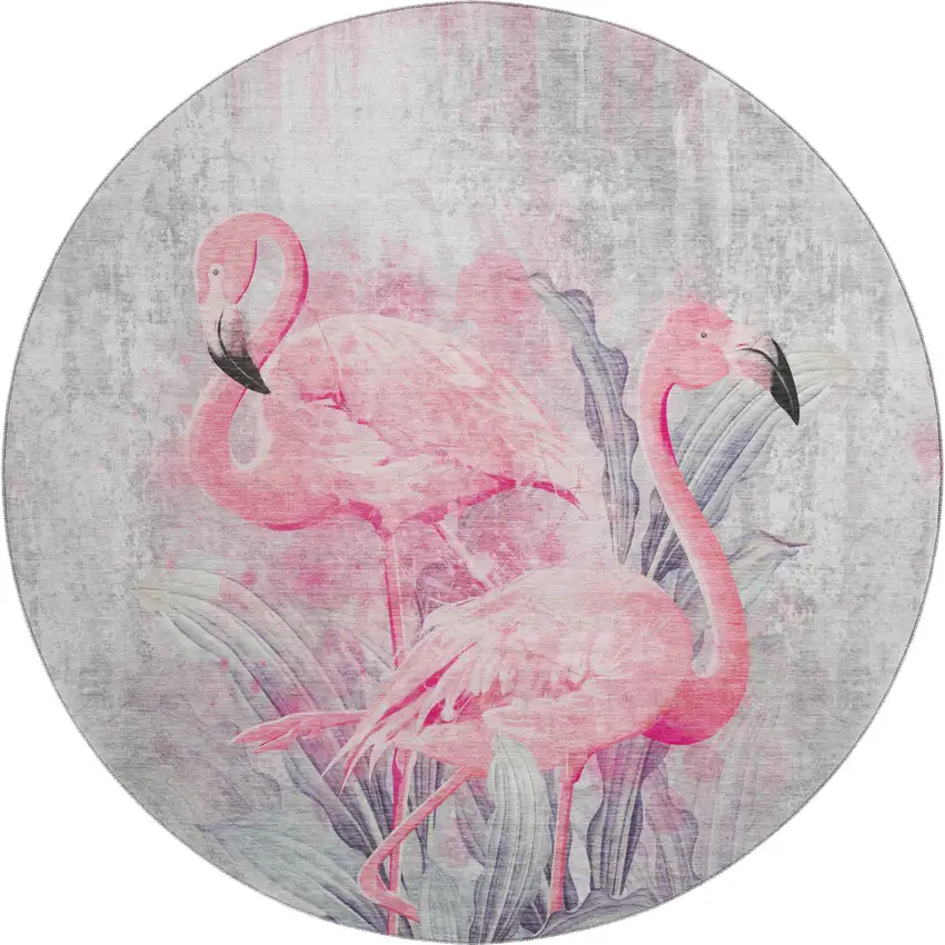 8' Pink Charcoal And Ivory Geometric Washable Round Rug With UV Protection Photo 1