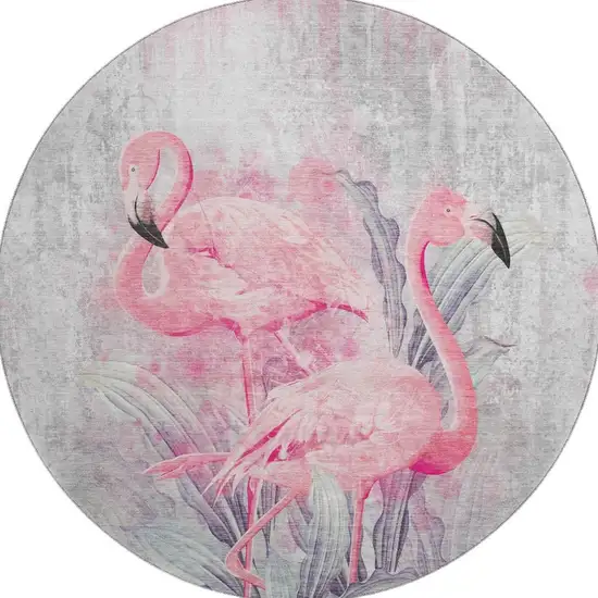 8' Pink Charcoal And Ivory Geometric Washable Round Rug With UV Protection Photo 4