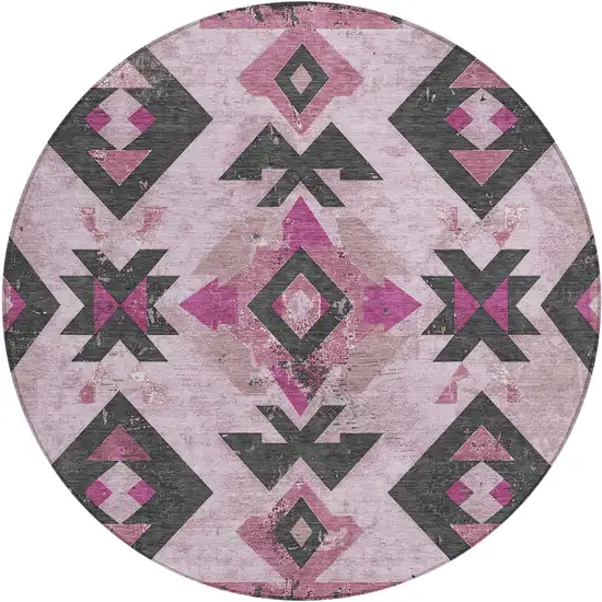 8' Pink Charcoal And Mauve Round Aztec Washable Indoor Outdoor Area Rug Photo 1