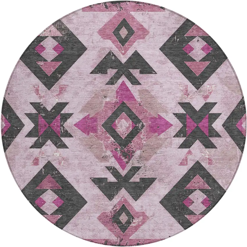 8' Pink Charcoal And Mauve Round Aztec Washable Indoor Outdoor Area Rug Photo 1
