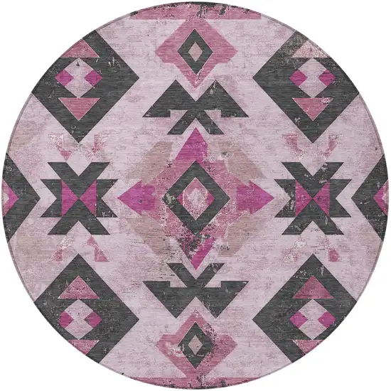 8' Pink Charcoal And Mauve Round Aztec Washable Indoor Outdoor Area Rug Photo 3