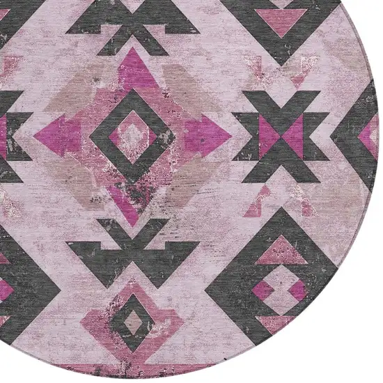 8' Pink Charcoal And Mauve Round Aztec Washable Indoor Outdoor Area Rug Photo 4