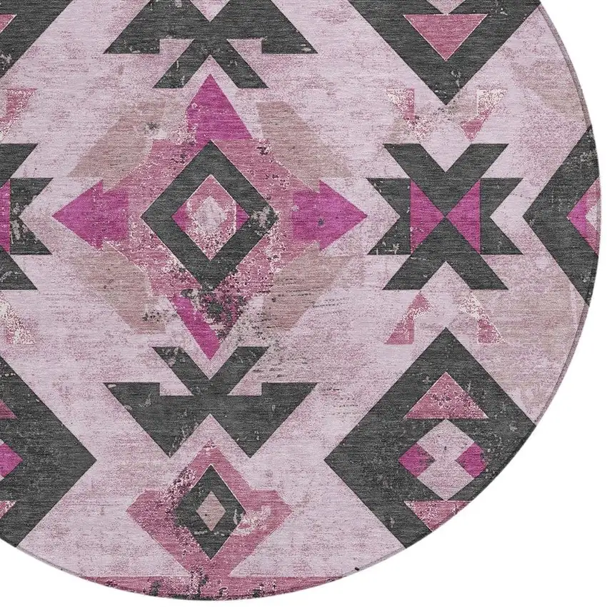 8' Pink Charcoal And Mauve Round Aztec Washable Indoor Outdoor Area Rug Photo 4