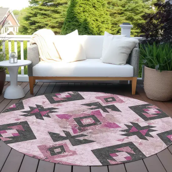 8' Pink Charcoal And Mauve Round Aztec Washable Indoor Outdoor Area Rug Photo 5