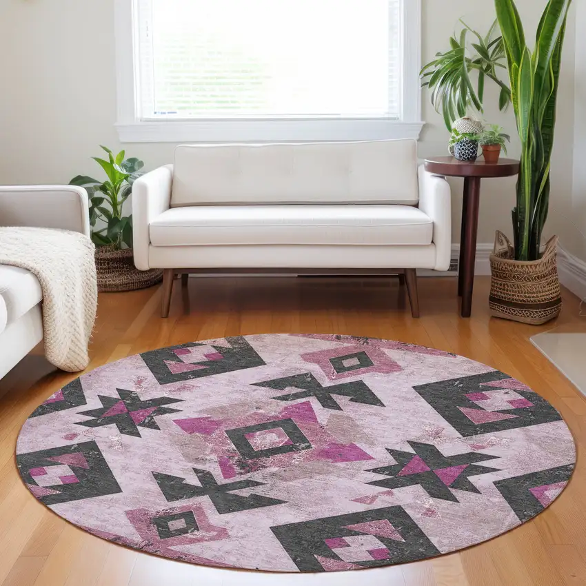 8' Pink Charcoal And Mauve Round Aztec Washable Indoor Outdoor Area Rug Photo 6