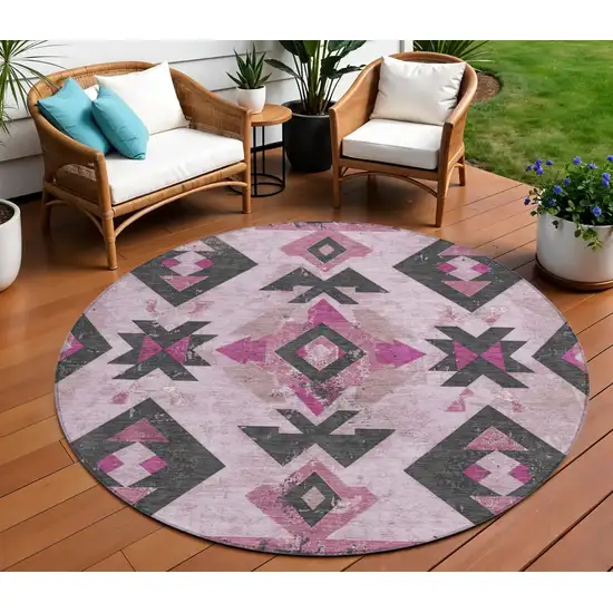 8' Pink Charcoal And Mauve Round Aztec Washable Indoor Outdoor Area Rug Photo 2