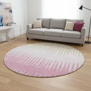 Photo of 8' Pink Chocolate And Beige Striped Washable Round Rug With UV Protection