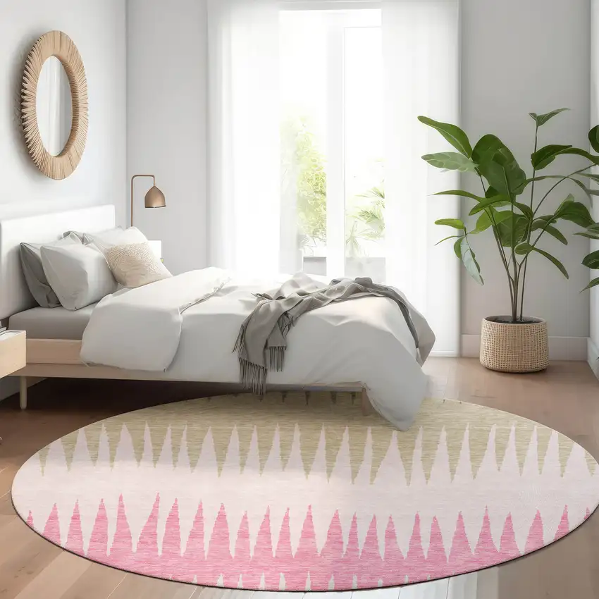 8' Pink Chocolate And Beige Striped Washable Round Rug With UV Protection Photo 4