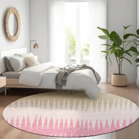 8' Pink Chocolate And Beige Striped Washable Round Rug With UV Protection Photo 4