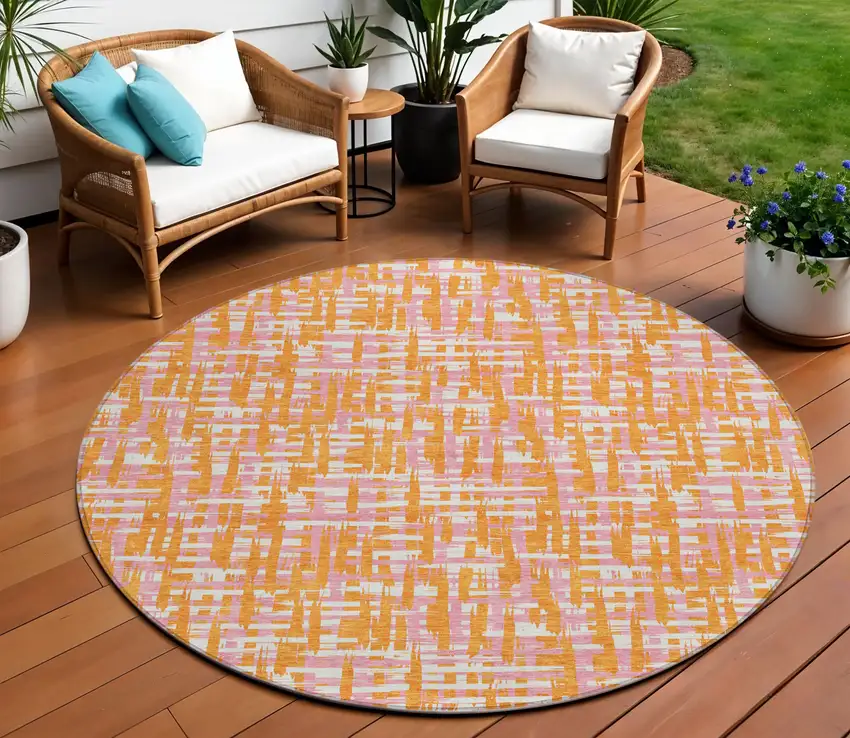 8' Pink Copper And Beige Round Abstract Washable Indoor Outdoor Area Rug Photo 1