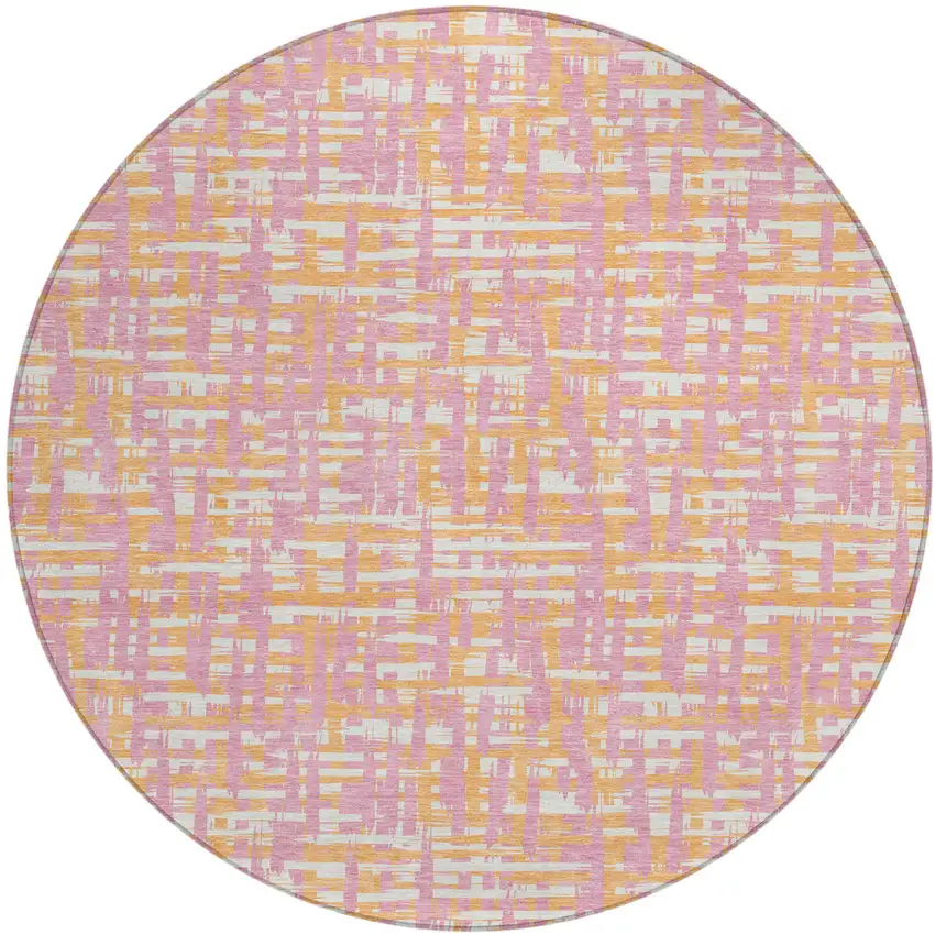 8' Pink Copper And Beige Round Abstract Washable Indoor Outdoor Area Rug Photo 2
