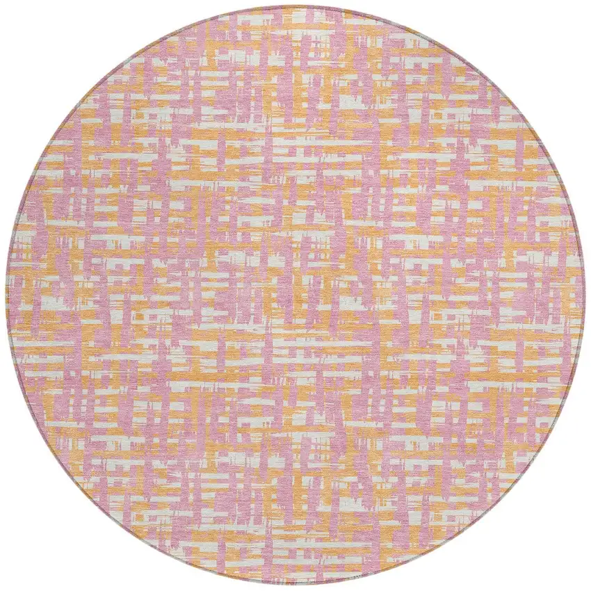 8' Pink Copper And Beige Round Abstract Washable Indoor Outdoor Area Rug Photo 7