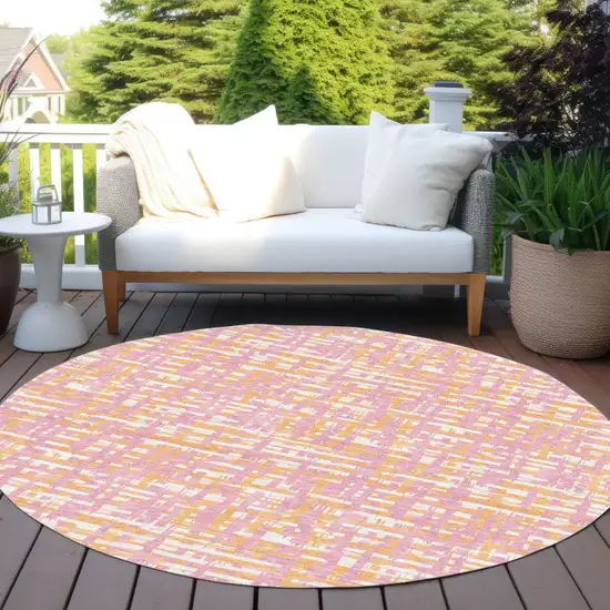 8' Pink Copper And Beige Round Abstract Washable Indoor Outdoor Area Rug Photo 8