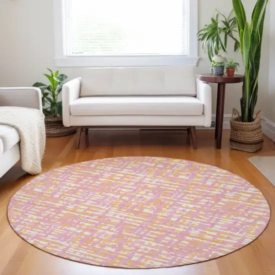8' Pink Copper And Beige Round Abstract Washable Indoor Outdoor Area Rug Photo 9