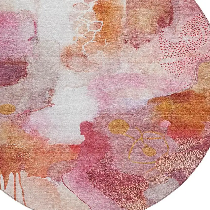 8' Pink Copper And Ivory Round Abstract Washable Indoor Outdoor Area Rug Photo 8