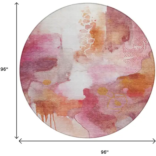 8' Pink Copper And Ivory Round Abstract Washable Indoor Outdoor Area Rug Photo 9