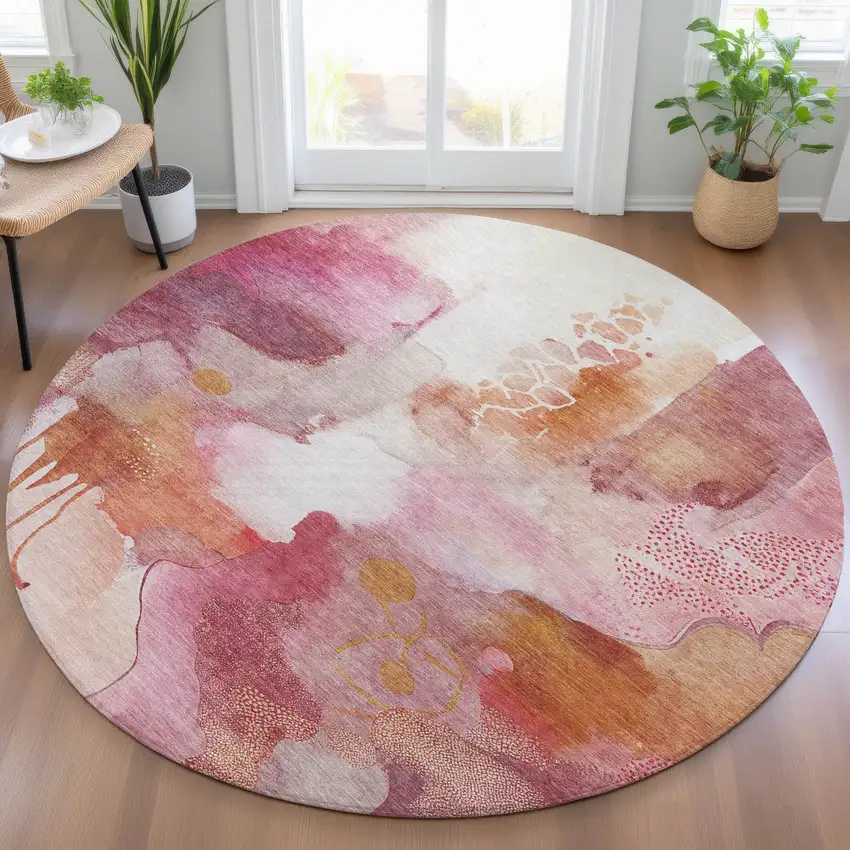 8' Pink Copper And Ivory Round Abstract Washable Indoor Outdoor Area Rug Photo 6
