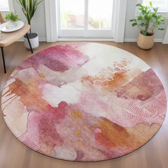 8' Pink Copper And Ivory Round Abstract Washable Indoor Outdoor Area Rug Photo 6