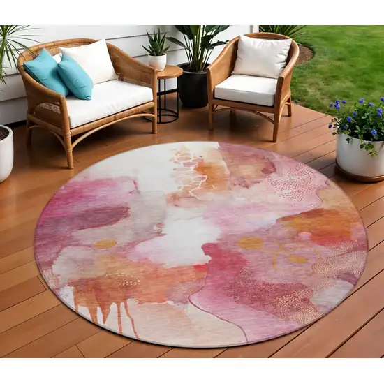 8' Pink Copper And Ivory Round Abstract Washable Indoor Outdoor Area Rug Photo 2